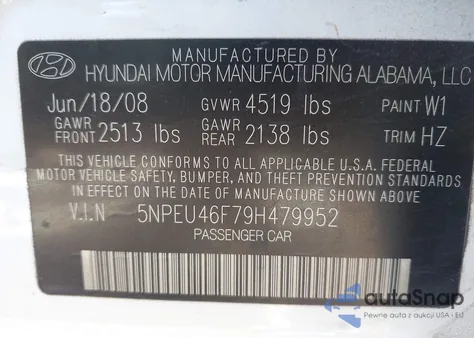 2009 Hyundai Sonata Se V6 z USA, uszkodzony, nr VIN 5NPEU46F79H479952